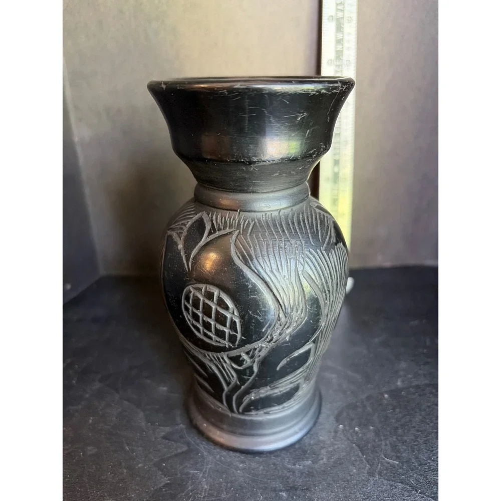 Vintage Hand Carved Black Pottery Floral Etched Vase Folk Art 6 Inch